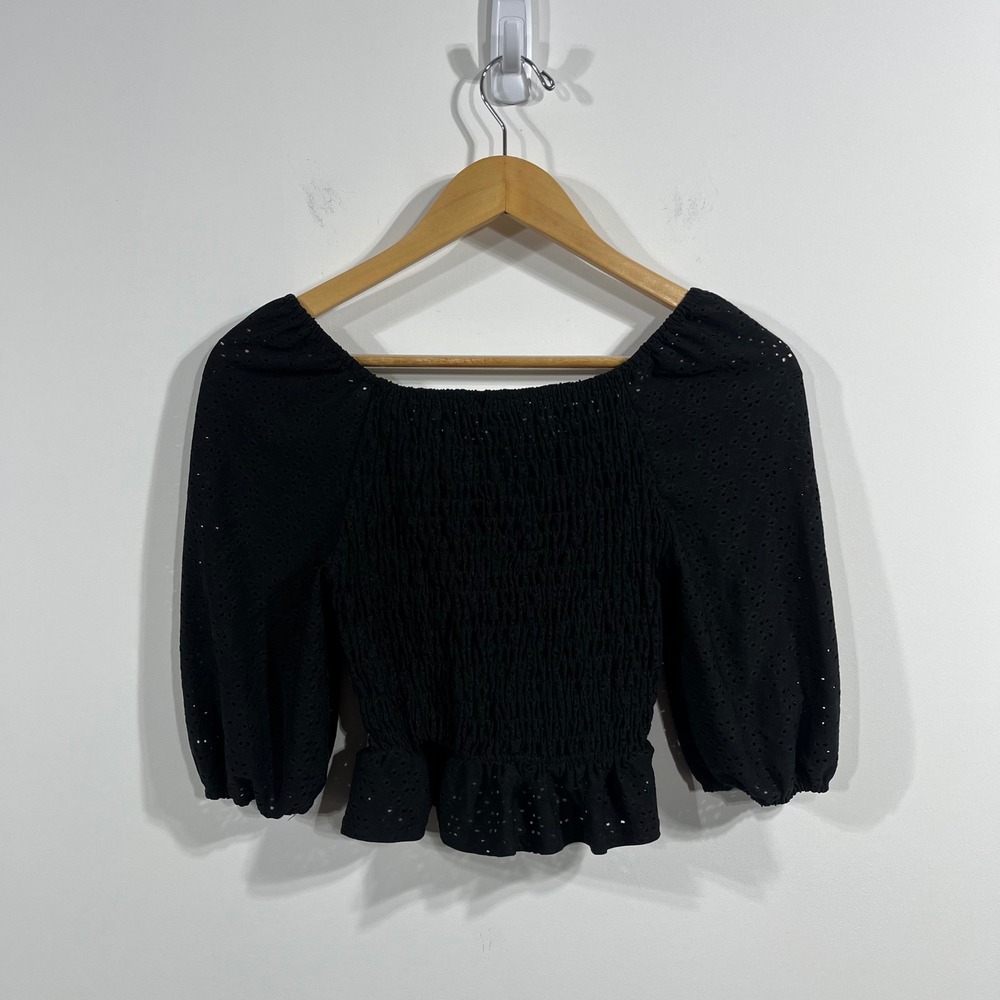 Urban Romantics Eyelet Babydoll Smocked Crop Top Puff Sleeve Small Dark Coquette - Picture 5 of 9